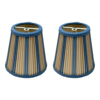 Striped Chandelier Stick Shade in Natural Cream/French Blue, 5" - a Pair For Sale