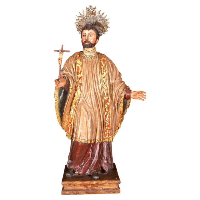 Spanish Artist, Colonial Sculpture of Saint Francis Xavier, 18th Century, Polychrome Wood For Sale - Image 11 of 11