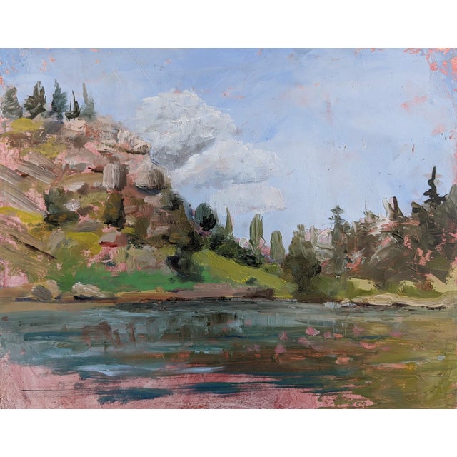 Day at the Lake by Caitlin Hurd | Oil on board Landscape with lake and trees. For Sale