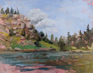 Day at the Lake by Caitlin Hurd | Oil on board Landscape with lake and trees.