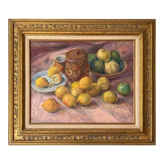 Vintage Oil Painting Still Life With Apples & Lemons, 1984 For Sale
