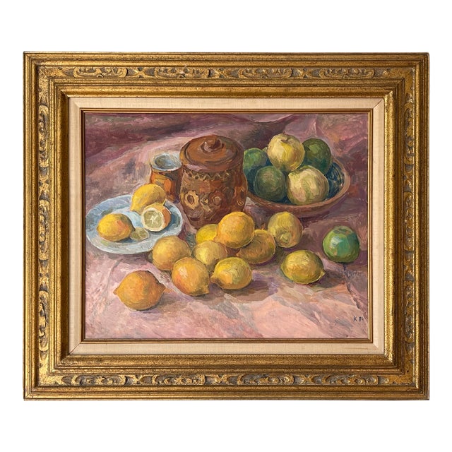 Vintage Oil Painting Still Life With Apples & Lemons, 1984 For Sale
