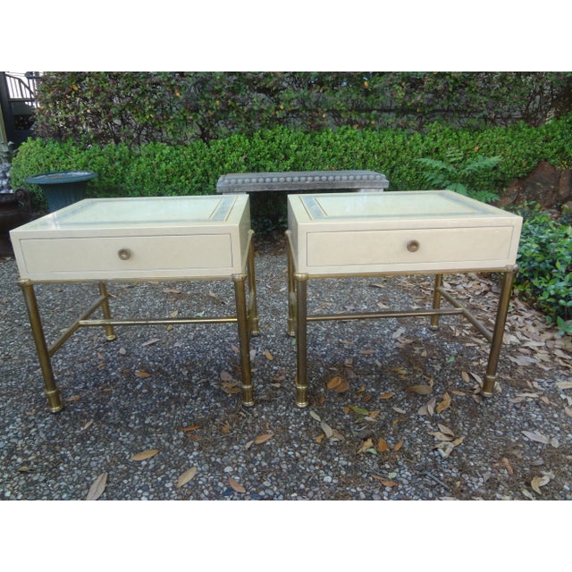Pair Of Italian Modern Brass And Lacquer Tables Or Nightstands. This stunning pair of Italian Willy Rizzo style Hollywood...