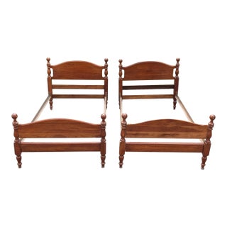Vintage Cannonball American Colonial Carved Cherry Wood Twin Size Bedframe - A Pair For Sale