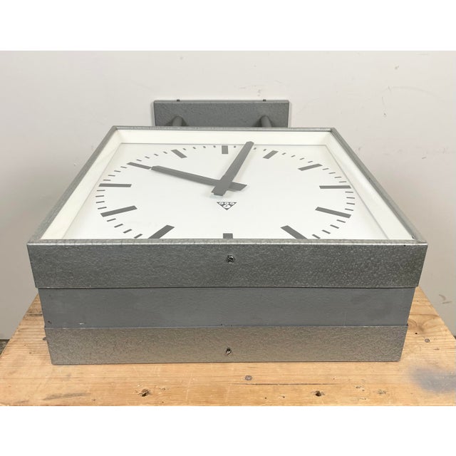 Large Square Industrial Double-Sided Factory Clock from Pragotron, 1960s For Sale - Image 14 of 17