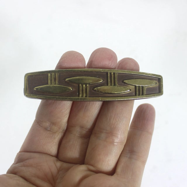 Set of Four Atomic Mid-Century Danish Modern Style Brass Drawer Pulls Rectangular Dresser Handles With Patina and Screws For Sale - Image 10 of 10