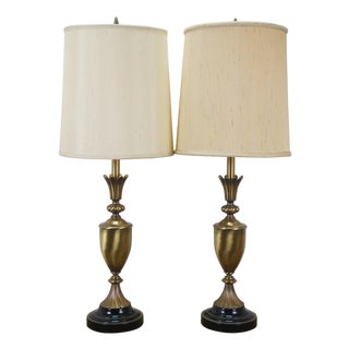 Mid 20th Century Neocalssical Brass Neoclassical Mantel Vase Trophy Urn Table Lamps 38" - a Pair For Sale