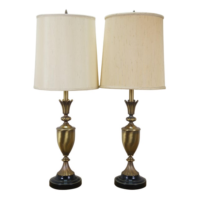 Mid 20th Century Neocalssical Brass Neoclassical Mantel Vase Trophy Urn Table Lamps 38" - a Pair For Sale