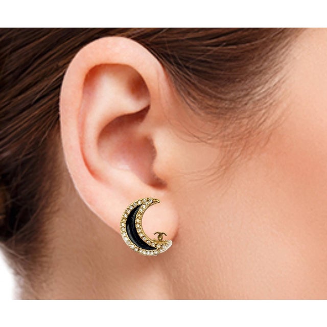 Chanel Vintage Gold Plated CC Black Moon Crystal Clip on Earrings *Marked 01 *Made in France *Comes with the original box...