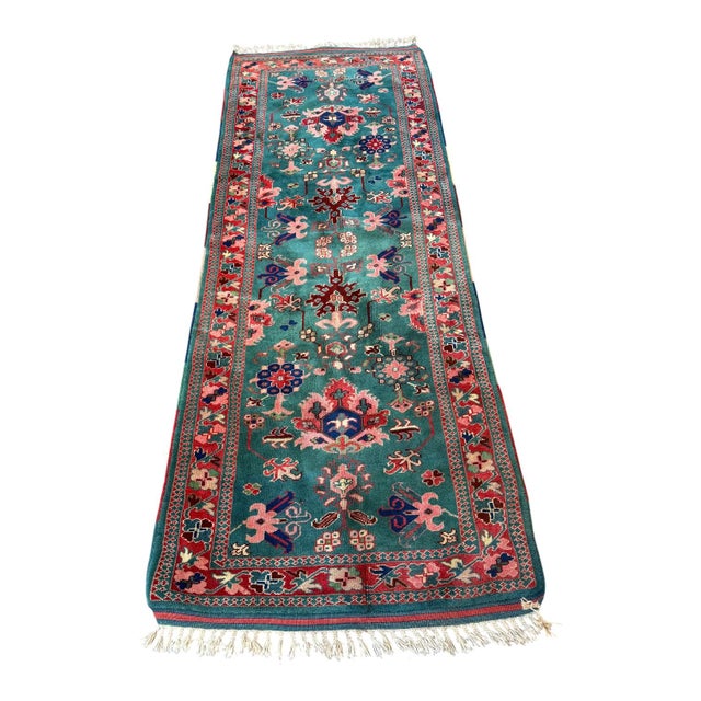 Traditional Mid-Century Hand Knotted Floral Turquoise Pink Wool Rug For Sale - Image 3 of 8