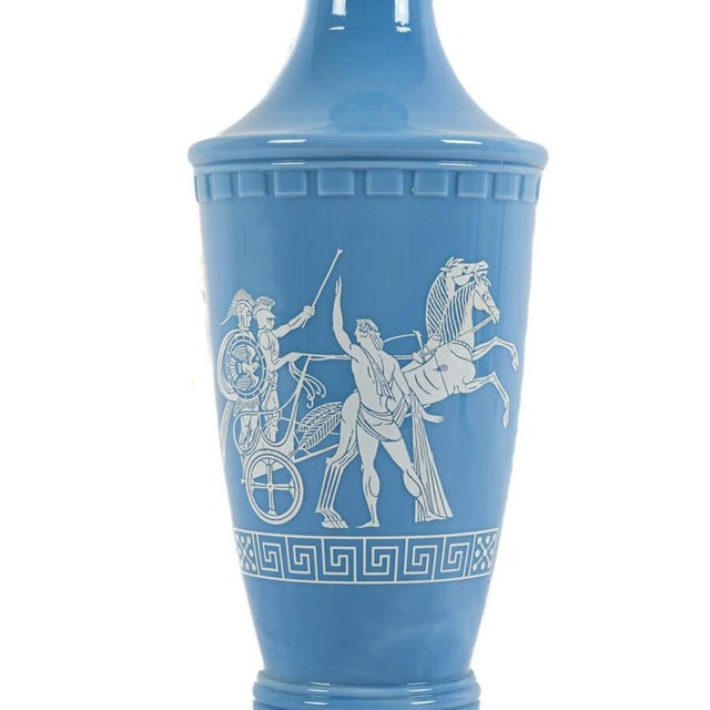 This elegant pair of vintage Jim Beam milk glass table lamps showcases a timeless neoclassical design with distinctive...