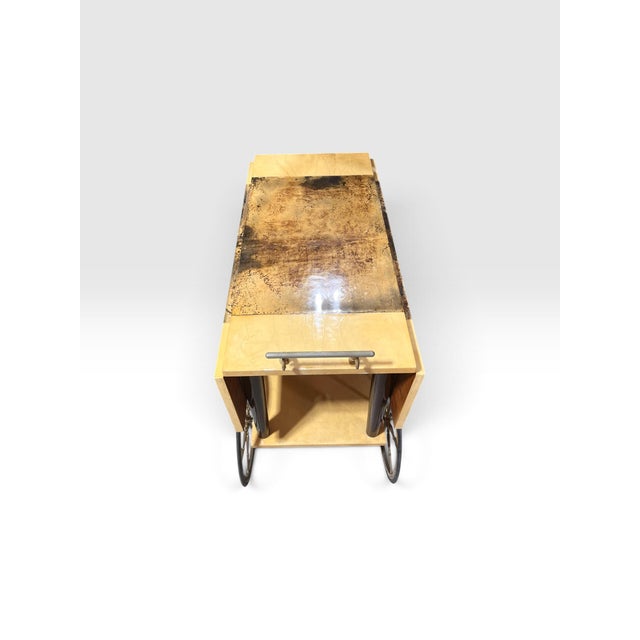 1960s Vintage Aldo Tura Milano Italian Lacquered Goatskin Parchment Drop-Leaf Bar Cart, 1960s For Sale - Image 5 of 12
