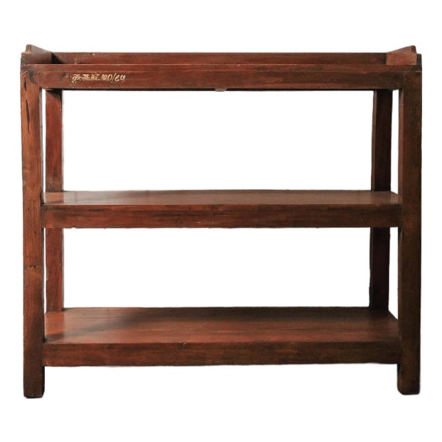 Vintage Solid Wood Three-Tier Open Shelving Unit With Warm Patina For Sale