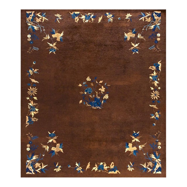 1890s Brown Floral Medallion Antique Chinese Peking Rug 8'2" X 9'5" Hand Knotted Wool Carpet For Sale
