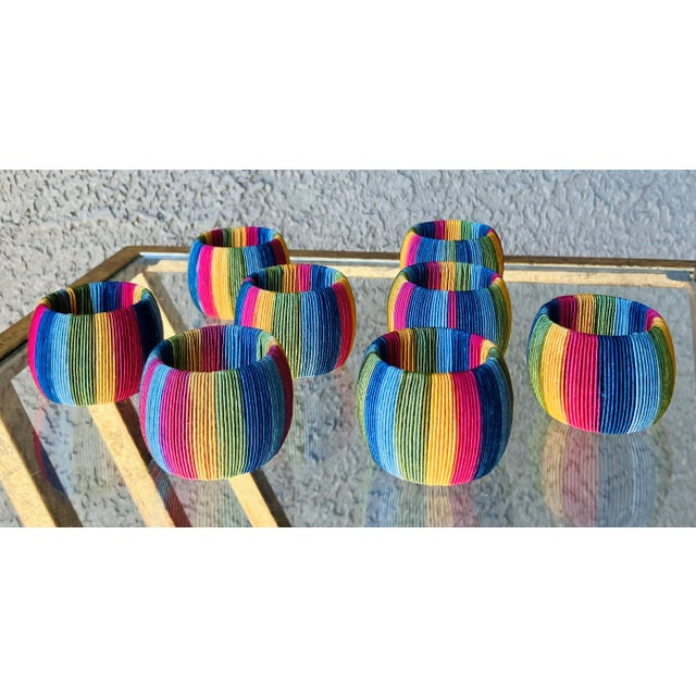 Royal Blue Late 20th-Century Vibrant & Chic Multi-Colored Woven Napkin Rings - Set of 8 For Sale - Image 8 of 18