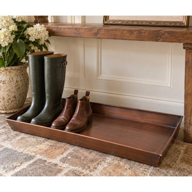 Discontinued Smith & Hawken for Target copper-finish metal boot and garden tray, dating to circa 2009. An especially...