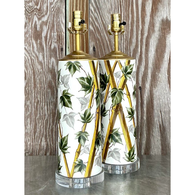 Wood Vintage Coastal Bamboo Vine Glazed Ceramic Lamps - a Pair For Sale - Image 7 of 7