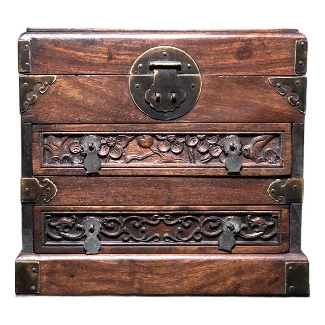 1980s Vintage Carved Huali Wood Two-Drawer Jewelry Box For Sale