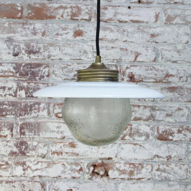 1950s Vintage Brass, White Enamel & Frosted Glass Pendant Lights For Sale - Image 5 of 7