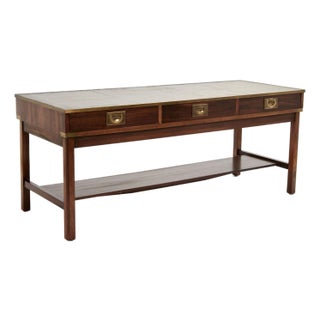 Vintage English Leather Top Campaign Style Low Console or Coffee Table For Sale