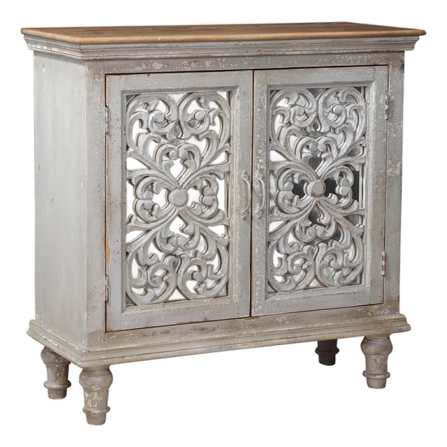 1960s Carved Wood and Painted Teak Cabinet With Mirrored Back For Sale