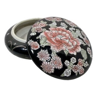 Vintage Black Ceramic Floral Trinket Box Peony Hand Painted Round Ginger Jar 7in For Sale