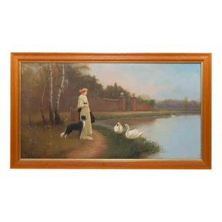 Lady in Front of a Lake with Swans, Oil Painting, Late 19th Century, Framed For Sale