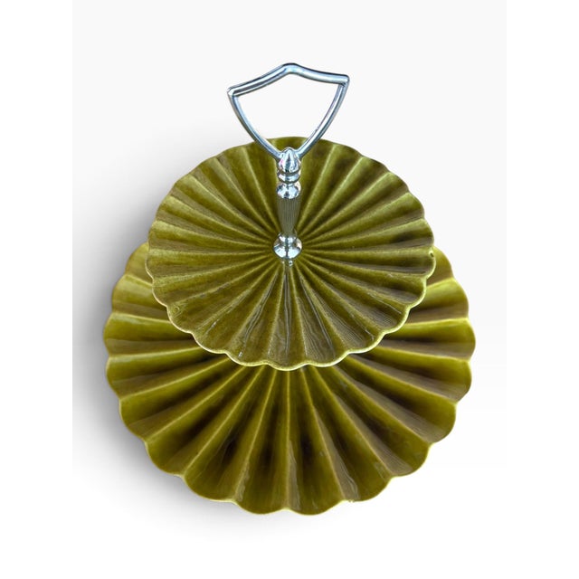 Mid-Century Modern Vintage Maddux of California C603 Pearlized Olive Green & Gold Two-Tier Serving Stand For Sale - Image 3 of 5