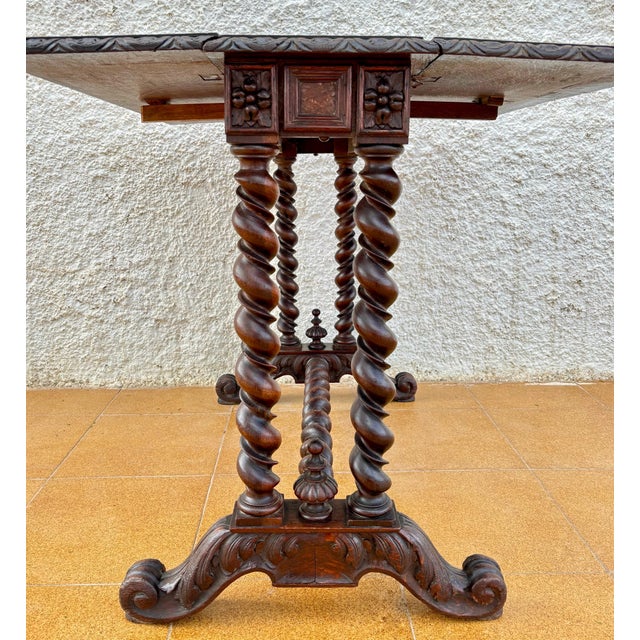 Wood 1920s Spanish Baroque Revival Drop-Leaf Table With Carved Barley Twist Legs For Sale - Image 7 of 10