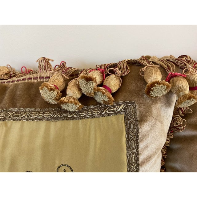Renaissance Embroidery Silk & Velvet Crest Pillows with Tassel Trim - a Pair For Sale - Image 3 of 8