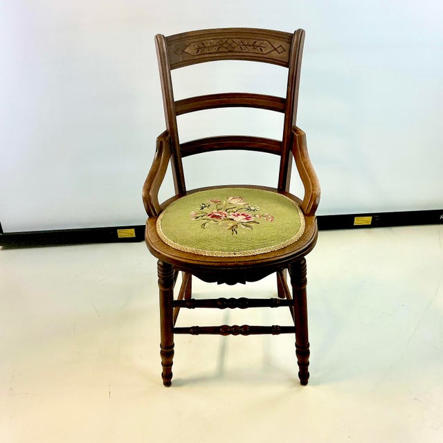 Early 20th Century Early 1900s Antique Americana Folk Art Farmhouse Carved Walnut & Needlepoint Side Chair For Sale - Image 5 of 16