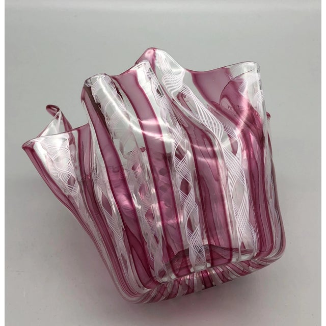 Mid-Century Modern Vintage Latticino Murano Style Cranberry & White Art Glass Handkerchief Vase For Sale - Image 3 of 6