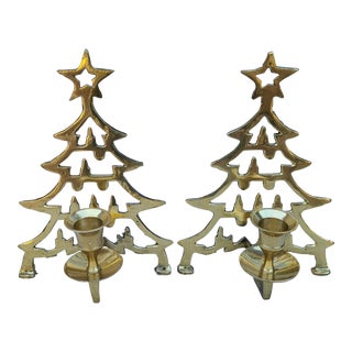Vintage Brass Christmas Tree Motif Candle Holders - a Pair For Sale