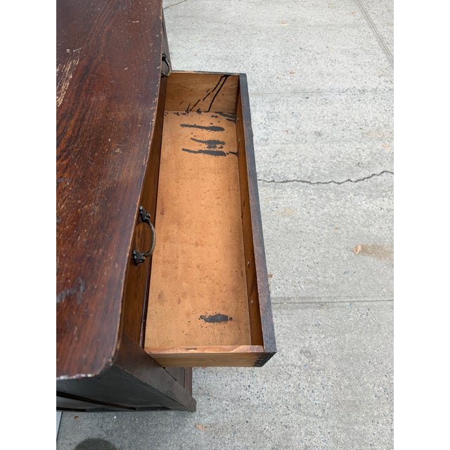 Early 20th Century Antique Oak Arts & Crafts Five-Drawer Tallboy Chest With Scalloped Backsplash For Sale - Image 10 of 12