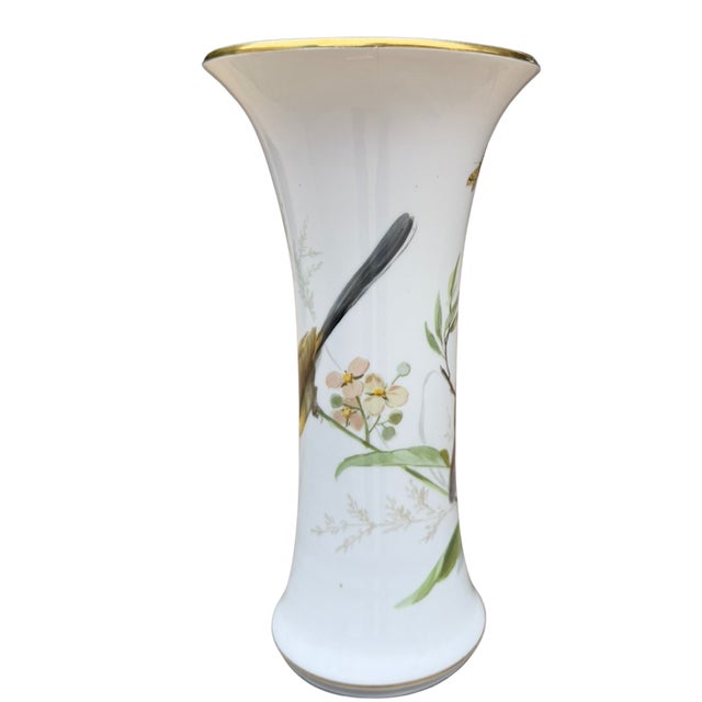 Ceramic Antique Meissen Hand Painted Bird & Butterfly Porcelain Trumpet Vase 9.5" For Sale - Image 7 of 16