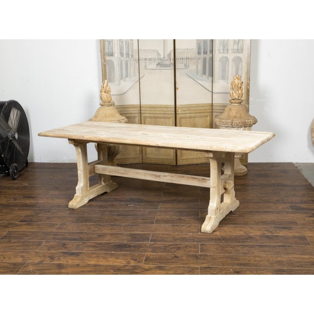 Cream Rustic English 19th Century Natural Wood Farm Table with Trestle Base For Sale - Image 8 of 11