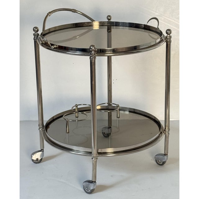 Polished Chrome Drinks Trolley or Bar Cart With Smoked Glass Trays From England For Sale - Image 9 of 11