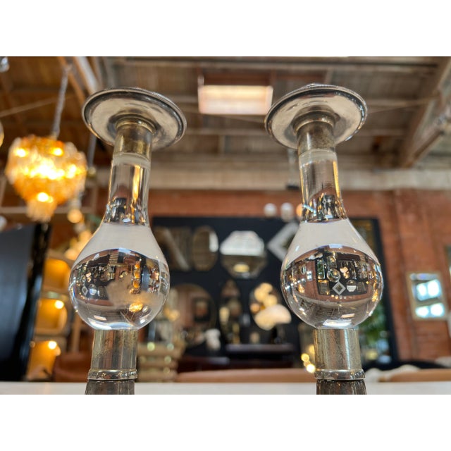 1980s Set of 2 Vintage Crystal and Silver-Tone Candlesticks 1980s For Sale - Image 5 of 6