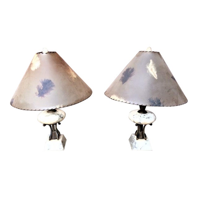 Mid Century Marble Flying Saucer Table Lamps With Original Shades a