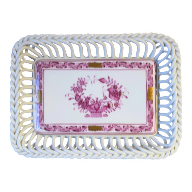 Herend White Porcelain Tray Dish Vide-Poche With Pink and Gold Detail For Sale