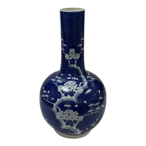 1950s Large Chinese Porcelain Blue & White Hand-Painted Cherry Blossom Long Neck Vase