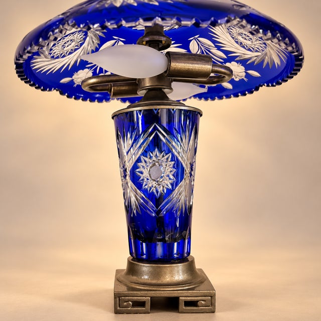 Pair of Cobalt Blue Cut-Glass Table Lamps With Floral Shades For Sale In Tampa - Image 6 of 11