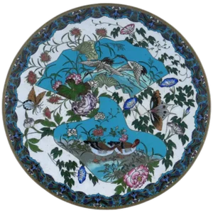 Antique Meiji Japanese Cloisonne White Enamel Butterfly Plate Charger Attributed to Goto