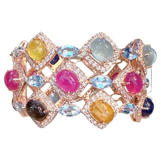 Bochic "Capri" Vintage Ruby & Multi Color Gem & Sapphire Bangle Set 18K Gold & Silver For Sale