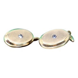 Oval-Shaped Gold Cufflinks with Zirconias, Set of 2 For Sale