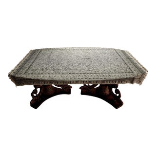 Hand Block-Printed Cotton Tablecloth, Monochrome Floral, 81 X 54 In For Sale
