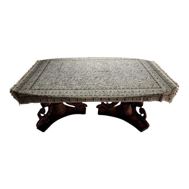 Hand Block-Printed Cotton Tablecloth, Monochrome Floral, 81 X 54 In For Sale