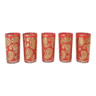 1940s Mid-Century Modern Culver Red and 22k Gold Paisley Tumbler Glasses, Set of 5 For Sale