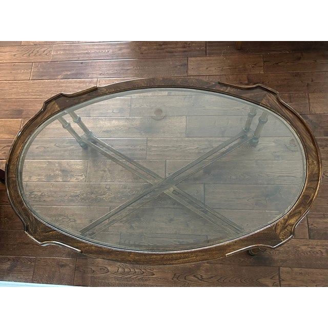 Vintage Faux Bamboo Style Burl Wood, Brass & Glass Coffee Table For Sale - Image 13 of 14