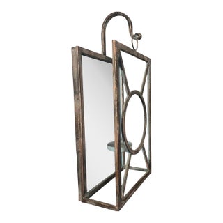 Vintage Palm Beach Regency Patinated Metal & Mirrored Geometric Candle Sconce For Sale